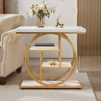 Console industrielle de 41,3 po, canapé d'entrée à 4 niveaux avec base circulaire, table d'appoint moderne étroite avec rangement pour le salon, le couloir, le vestibule, la finition blanche et dorée