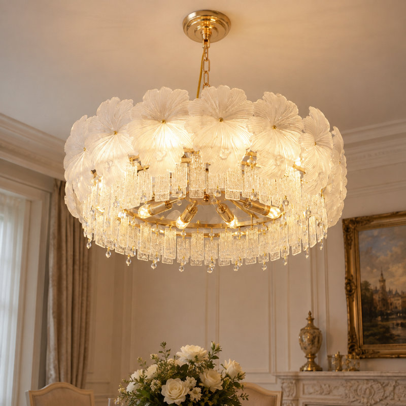 Lustre moderne à 10 lumières, motif floral, en cristal à intensité variable avec fleurs en verre dépoli (ampoule incluse)