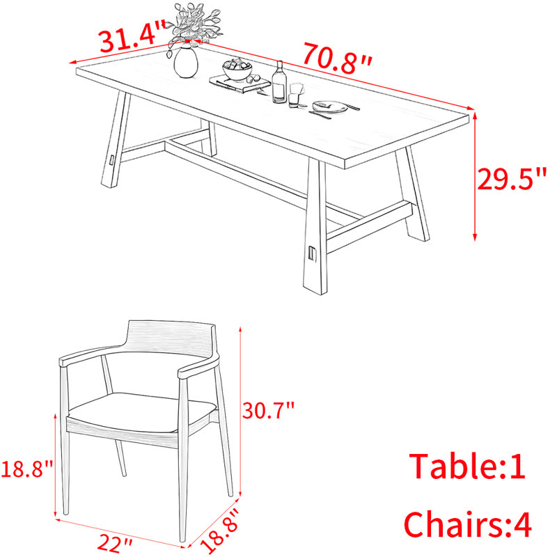 Ensemble de table de salle à manger en bois massif de style nordique, H 29,5 po x L 70,8 po x l 31,4 po