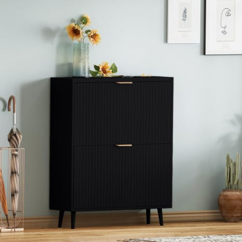 Shoe Cabinet Storage,Modern Freestanding Organizer With 2 Flip Drawers,Narrow Shoe Rack Cabinet For Entryway,Black, Black, 2