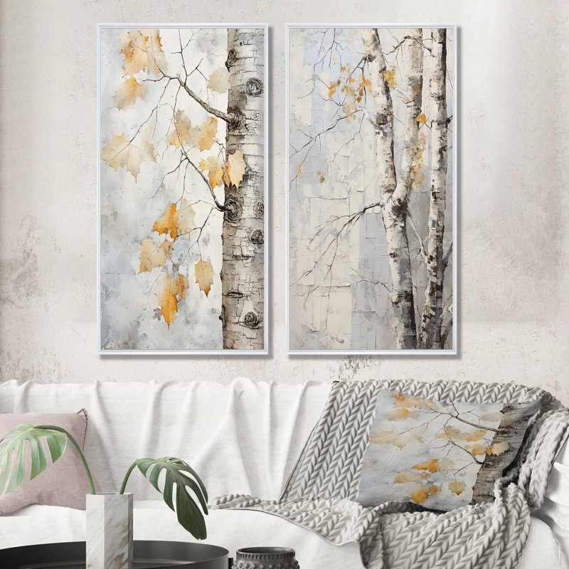 Abat-jour gris et doré Sycamores - Ensemble de 2 impressions sur toile Sycamore, H 32 po x l 33 po, Cadre flottant blanc