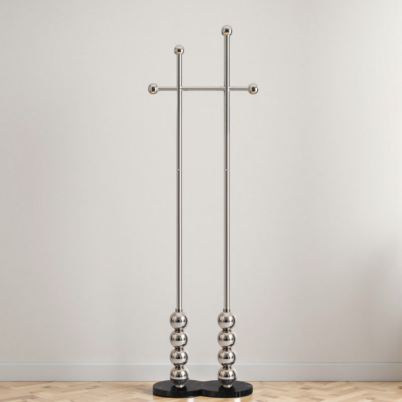 Freestanding Coat Rack With Stainless Steel Double Rods & Marble Base, Stainless Steel, Silver