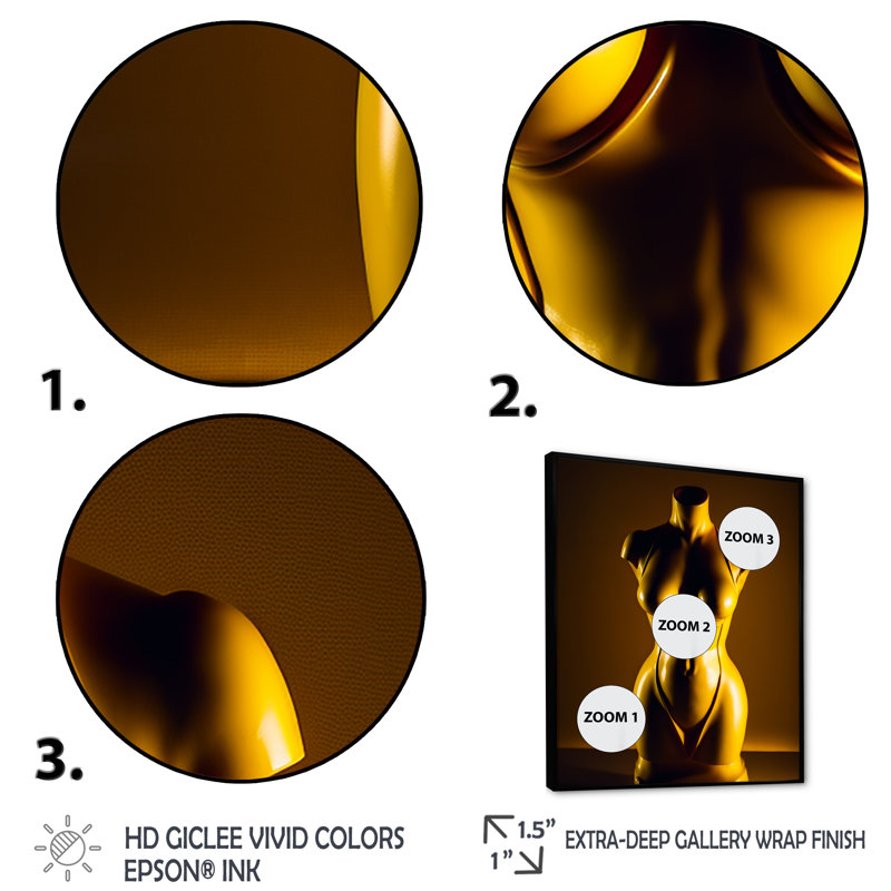 Mannequin de robe d'or élégant II - reproduction sur toile, H 32 po x l 24 po x P 1 po, Toile avec cadre flottant noir