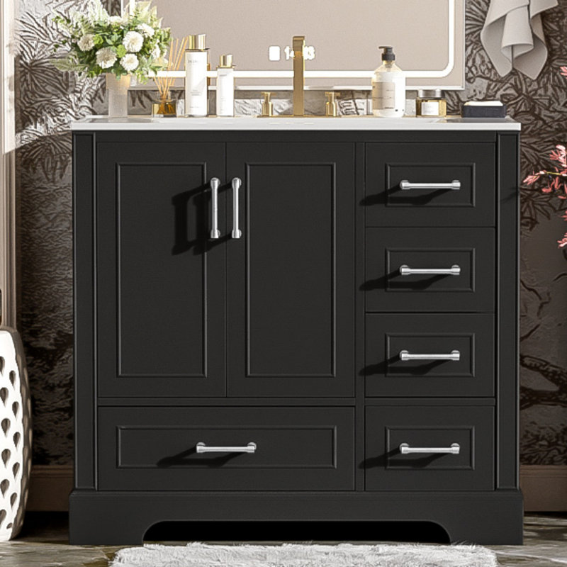 36" Traditional Bathroom Vanity With Ceramics Sink , Black Bathroom Cabinet With Two Soft Close Doors And Four Drawers, Bathroom Vanity