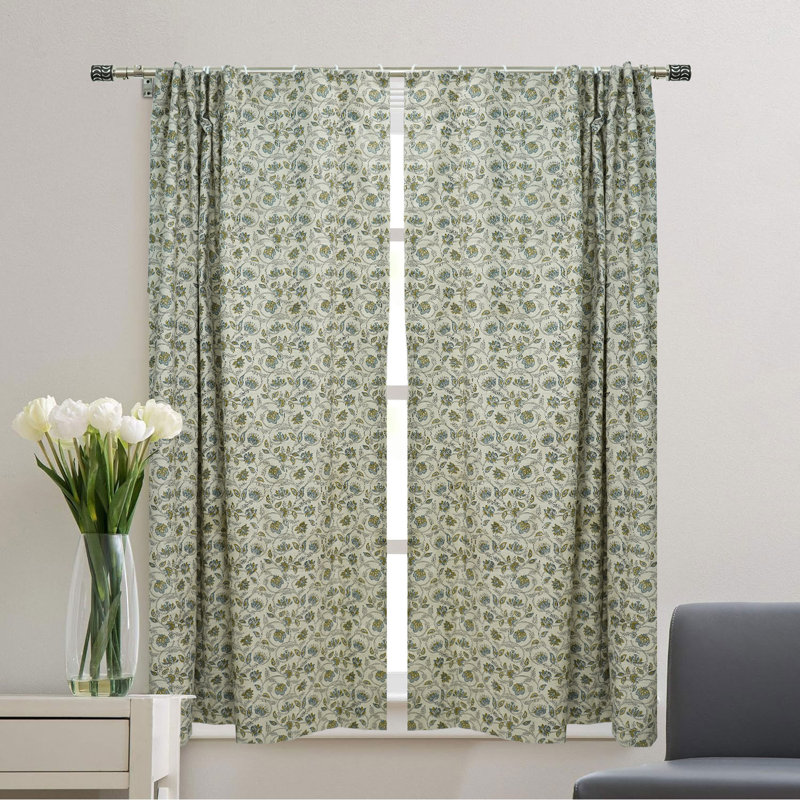 Bluish Green & Mustard Handmade Linen Curtain Light Filtering Block Print Drapes for Elegant Home Décor- Saraswati
