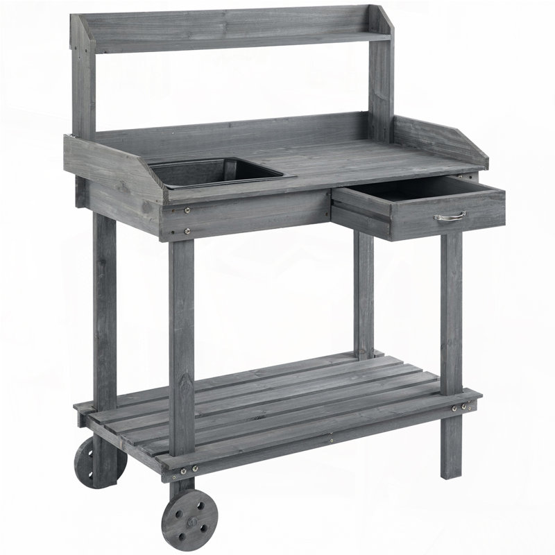 Wooden Potting Bench Work Table with 2 Removable Wheels