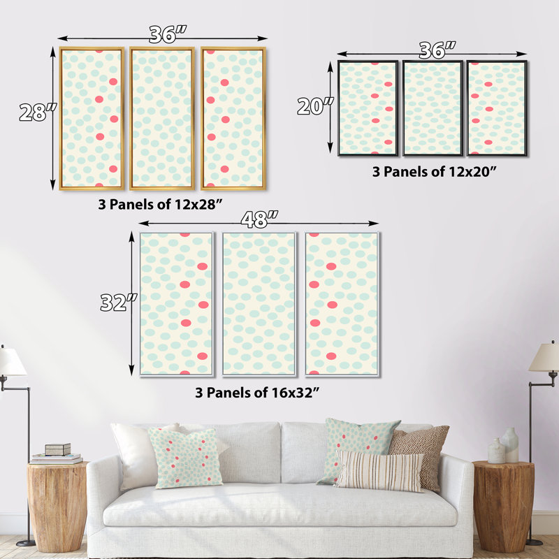 Pois avec rétro sur fond beige - ensemble d'art moderne sur toile encadrée moderne de 3, H 28 po x l 36 po x P 1 po, Brun
