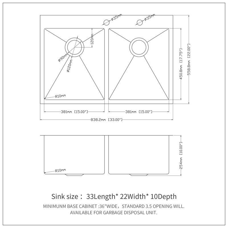 Double Bowl (50/50) Drop In Sink - 33"X22"X10" Stainless Steel Kitchen Sink 16 Gauge With Two 10" Deep Basin