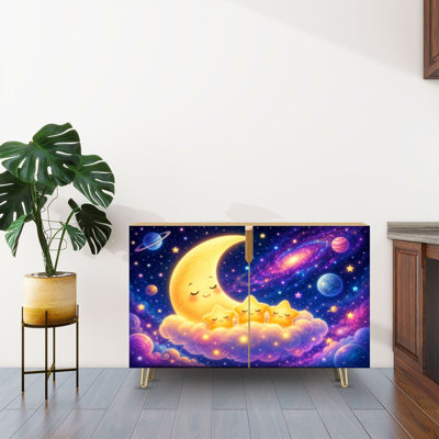Sideboard Buffet Cabinet with Storage Whimsical Sleeping Moon Cute Stars Cosmic with 2 Doors for Living Room and Kitchen