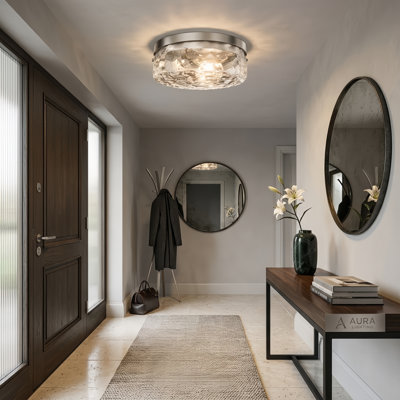 12''-3 Lights Brushed Sand Nickel Modern Metal And Glass Drum Dimmable Flush Mount Lighting For Bedroom