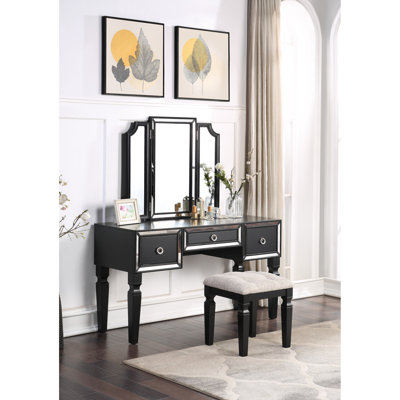 Luxury Bedroom Vanity In Black, With Stool, 3 Storage Drawers & Tri Mirror, Stylish Design Appeal