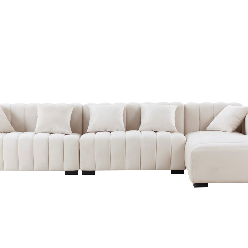 Canapé modulaire 139 po en velours capitonné avec méridienne - beige élégant, Right Hand Facing