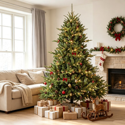 Arbre de Noël en forme de 5 pi avec 350 lumières UL et PVC, branches mixtes en PVC, 1129 pointes, base large, structure articulée, support en métal pour une décoration intérieure spacieuse