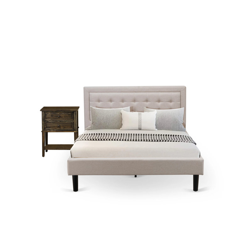 Ensemble de meubles de chambre à coucher 2 pièces Fannin avec 1 lit tapissier et une table de bout pour la chambre à coucher - Tissu en lin beige brume