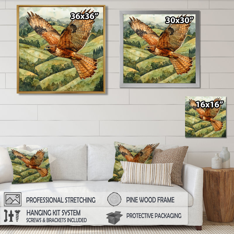 Glaspy Eage Hawk Over The Pasture - oiseau, art mural, Impression encadrée flottante, Argent argent, H 16 po x l 16 po