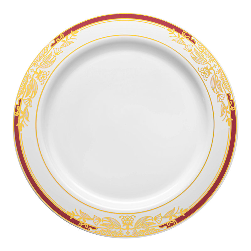 Blanc avec assiettes / assiettes à salade en plastique bourgogne et or Harmony (7,5 po)