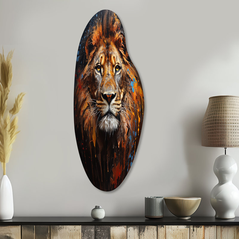 Photographie de lion avec I, art mural asymétrique en métal, H 38 po x l 15 po
