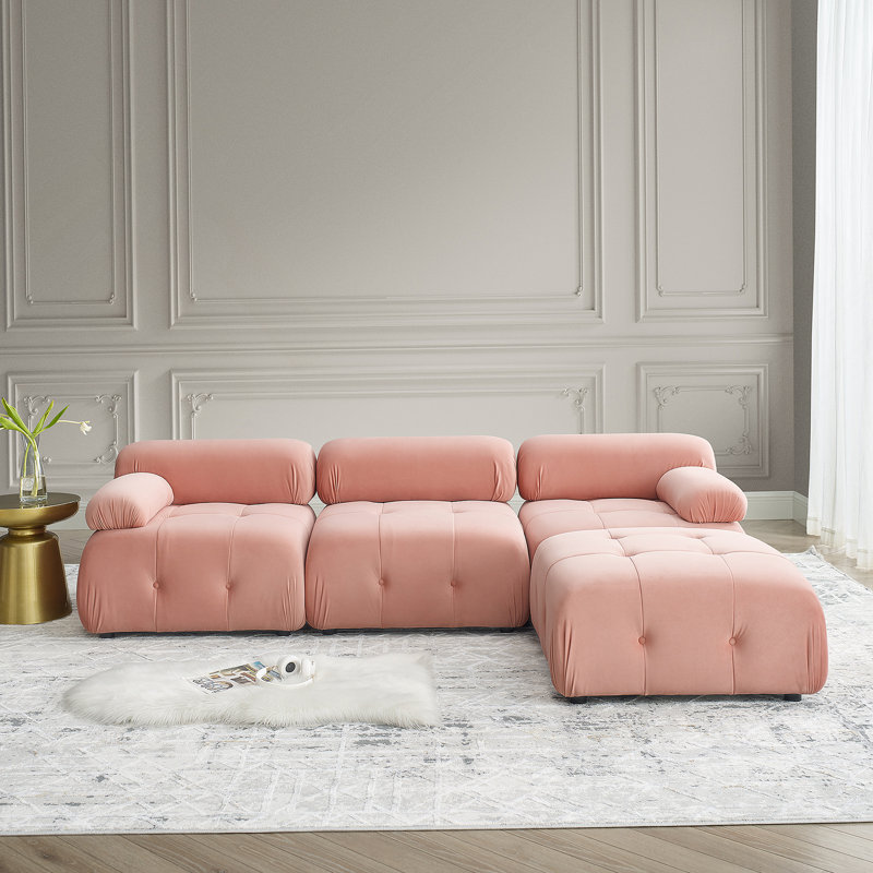 Canapé modulaire modulaire, capitonné, canapé en L avec repose-pieds réversible, Ourson rose