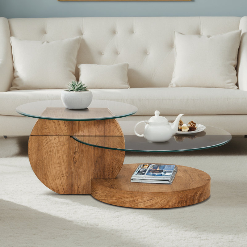 Modern Round Nesting Coffee Table with Diamond-Cut Edges Glass Top, Wood