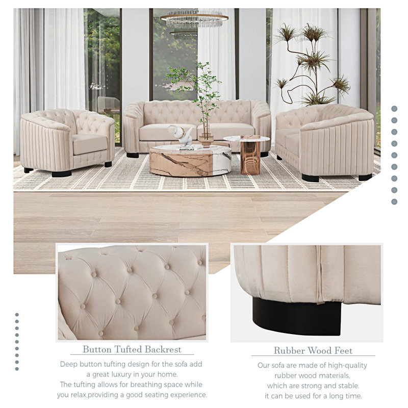 Ensemble de salon 3 pièces Kayzlynn, Velours beige