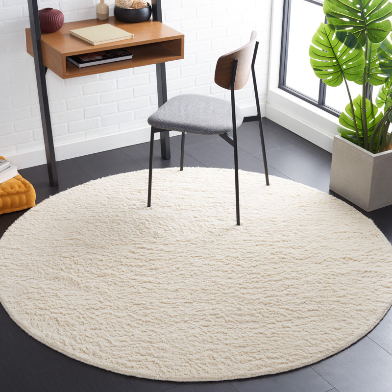 Tapis uni en laine tissé à la main de couleur ivoire, Rond 6 pi