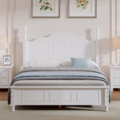 Cadre de lit double en bois pleine grandeur, cadre de lit plateforme de style rétro avec support en lattes de bois, avec finition blanche
