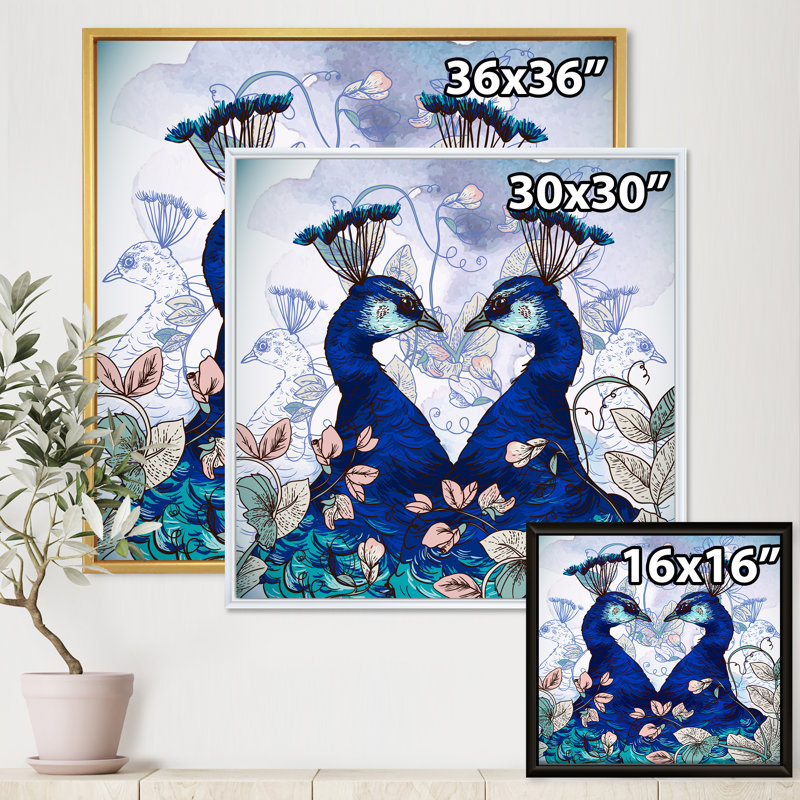Deux paons bleus avec des fleurs sauvages - reproduction de cadre flottant sur toile, H 36 po x l 36 po x 1,5 po, Cadre noir