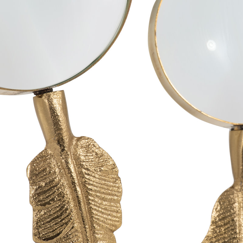 Decorative Objects for Home Decor – Gold Feather Handle Magnifying Glass Sculpture Set of 2 for Shelf Styling, Kitchen Decor, or Decorations for Living Room – Unique Accent Statues and Sculptures – 10", Gold