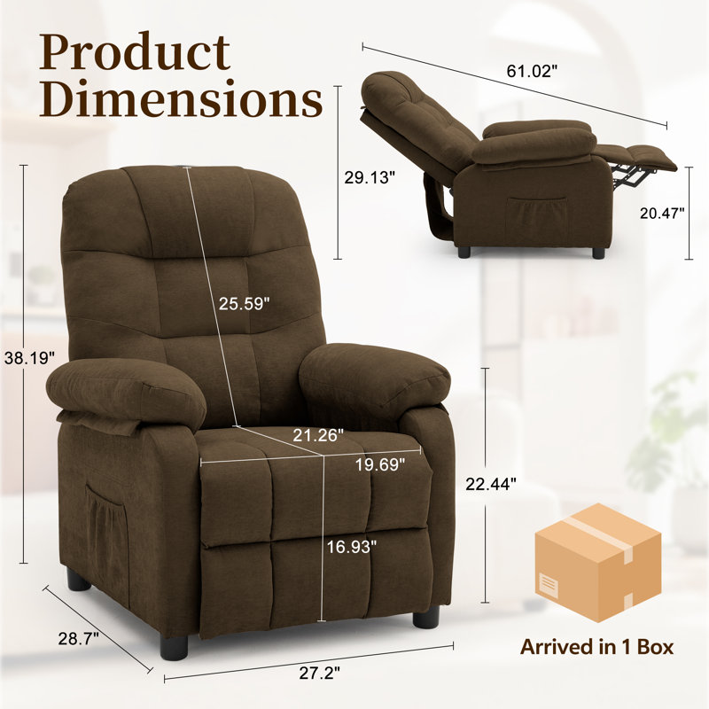 KORSER Recliner Chair, Pushback  Recliner For Living Room, Small Recliner For Small Space, Side Pockets, Brown