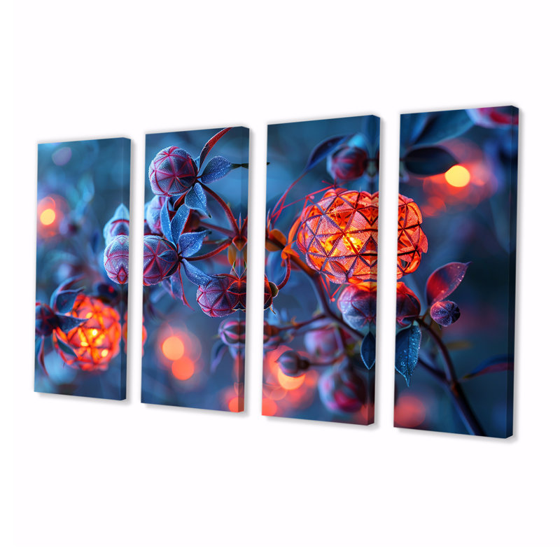 4 baies cosmiques sur un arbre galactique - art mural botanique pour le salon, H 28 po x l 48 po