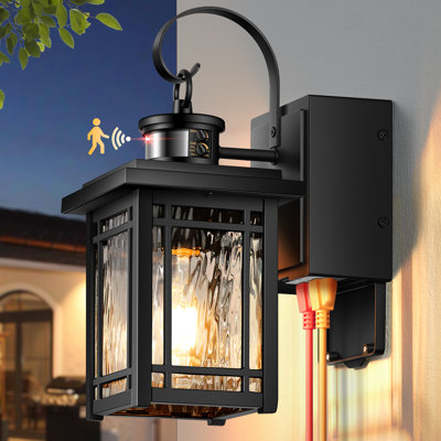 Black Modern Motion Sensor Outdoor Light Fixtures Wall Mount with GFCI Outlet