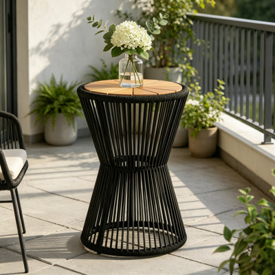Table d'appoint d'extérieur avec base en corde et plateau en bois d'acacia pour patio et jardin