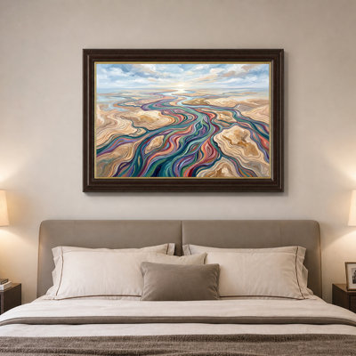 Art coloré sur toile, rivière colorée et sinueuse à travers le désert de sable