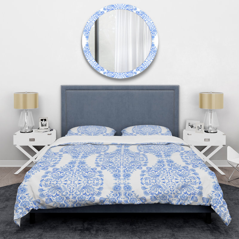 Blue Damask I - Abstract Duvet Cover Set - Microfiber Polyester, Full/Double Duvet Cover + 2 Standard Shams