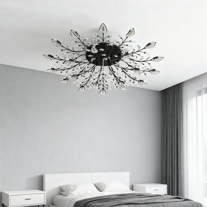 Luminaire de lustre en cristal semi-encastré moderne avec cadre en métal noir à motif de feuilles pour le salon, la salle à manger et la cuisine de la chambre à coucher