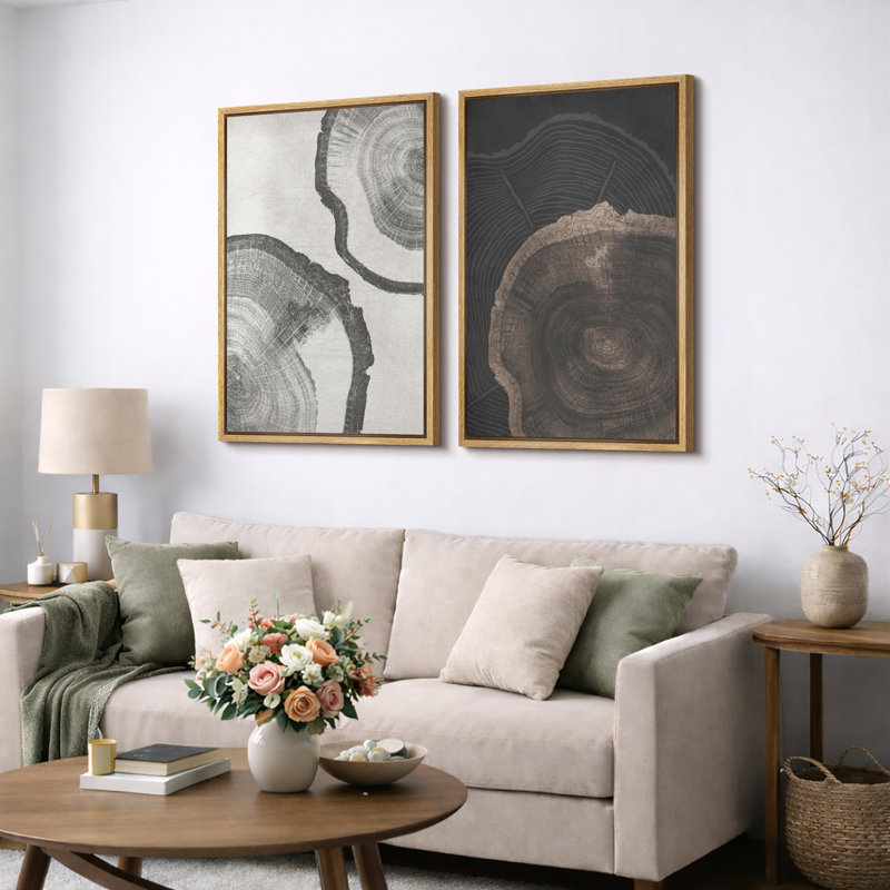 «Tree Ring», souche de bois gris, œuvre d'art neutre, photos de cabane de ferme rustique, ensemble de 2 impressions sur toile encadrées, 16 x 24 x 2, 24 x 36 x 2
