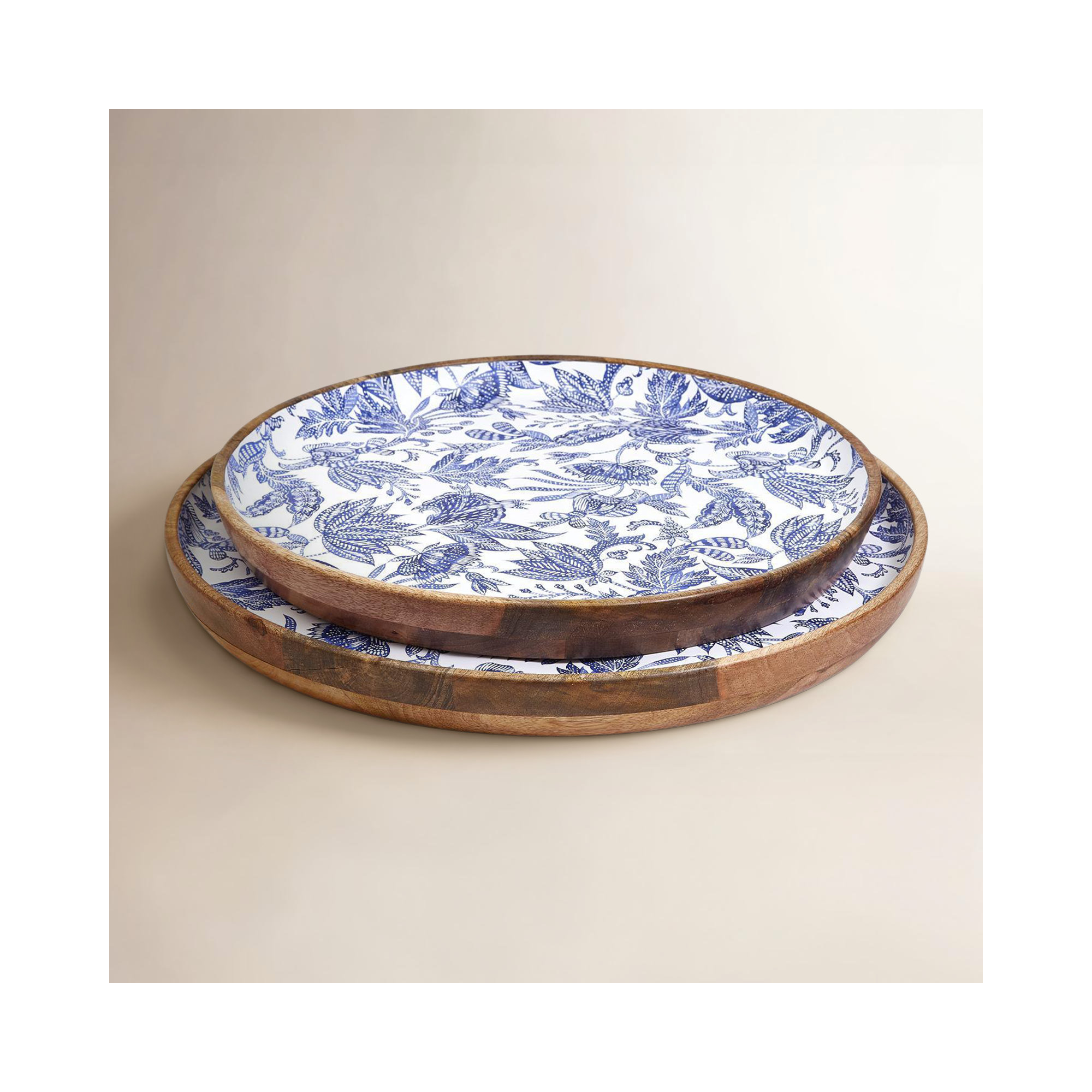 Castellano Hand-Crafted Set Of 2 Wood Round Tray