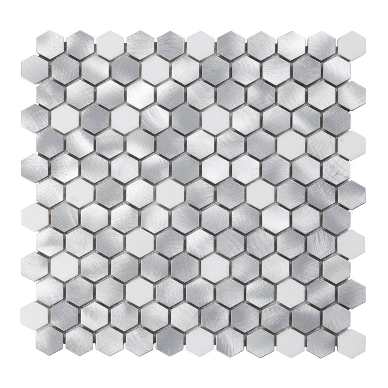 White Calacatta Marble Champagne Gold Metal Aluminum 1" Hexagon Mosaic Sheet Tile By Modket, Gray