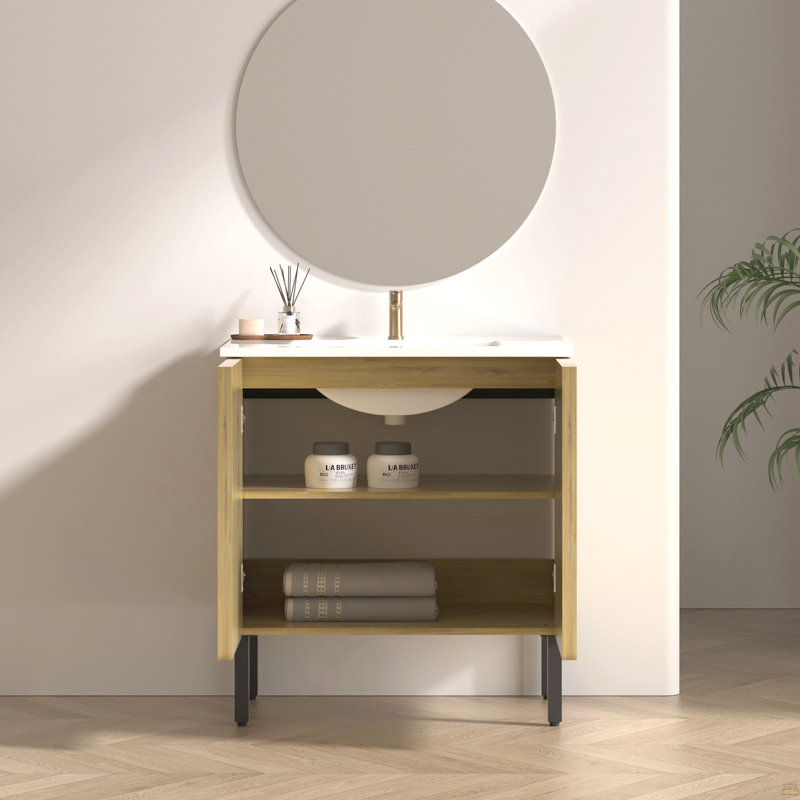 Meuble-lavabo sur pied de 30 pouces avec panneau rainuré 3D et lavabo en céramique intégré
