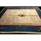 Ivory and Light Blue Antique Room Size Chinese Art Deco Rug