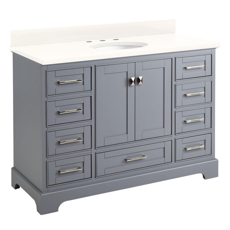 Quen 48" Freestanding Single Basin Vanity Set with Cabinet, Vanity Top, and Oval Undermount Sink, Gray, Arctic White Quartz