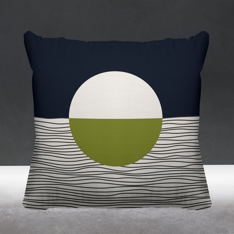 Coussin décoratif intérieur / extérieur Carmy, 15 po x 15 po, Chartreuse / beige / bleu marine, Carré
