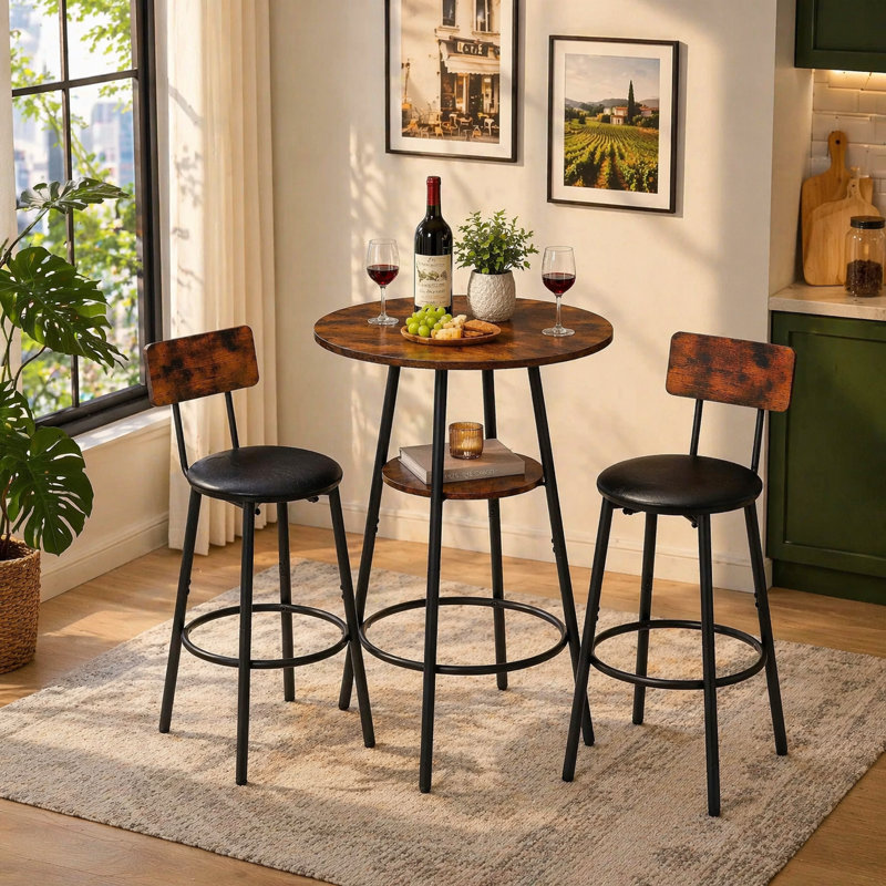 3-Piece Bar Table Set for 2, 2-Tier Round Bistro Dining Table & PU Stools, Counter Height Table, Brown, Brown 2