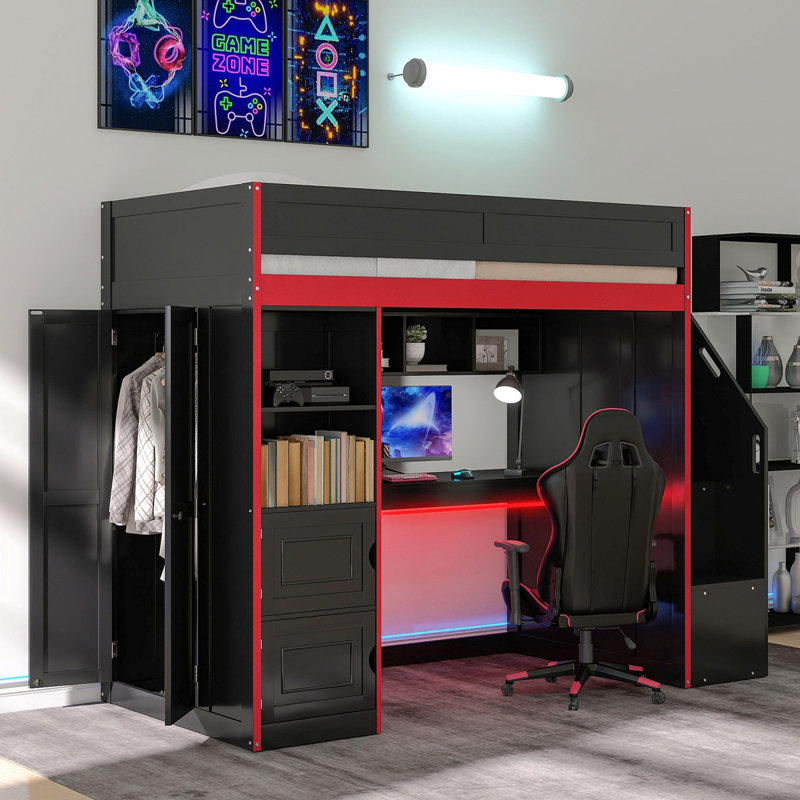 Lit mezzanine avec bureau et rangement, lumières DEL, double Gaming