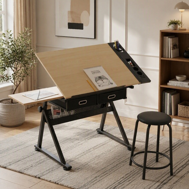 Table à dessin ajustable avec 2 tiroirs et tabouret, idéale pour la maison, le bureau et l'école, fini érable, Maple/Black