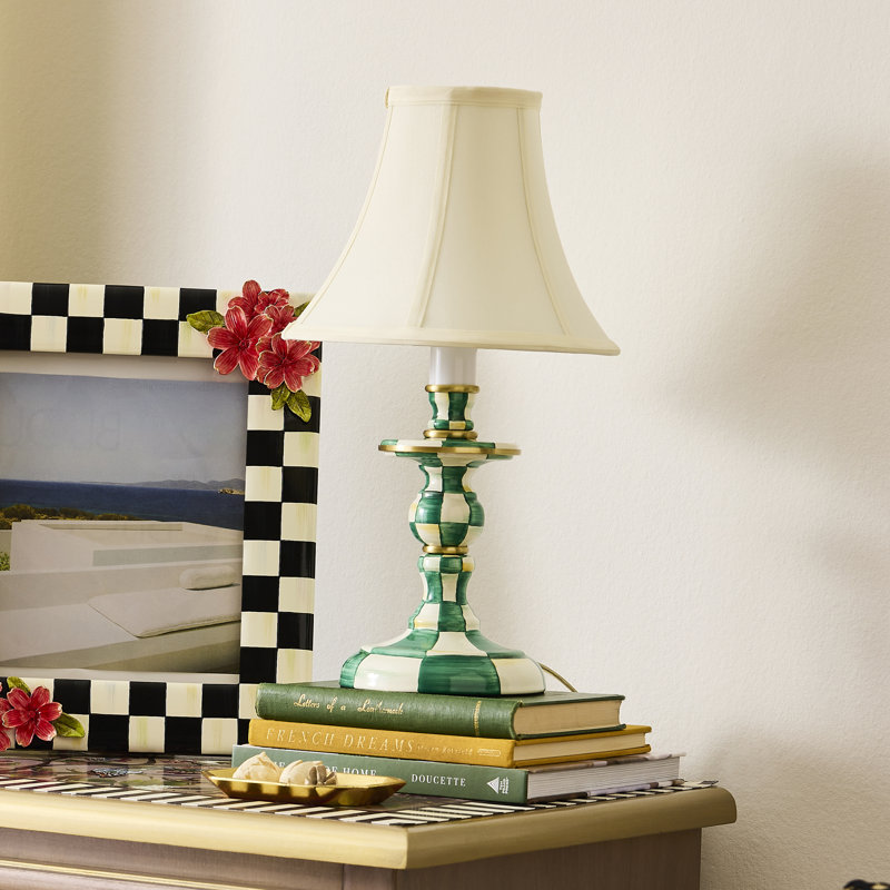 Emerald Check Candlestick Lamp, White, Green/White