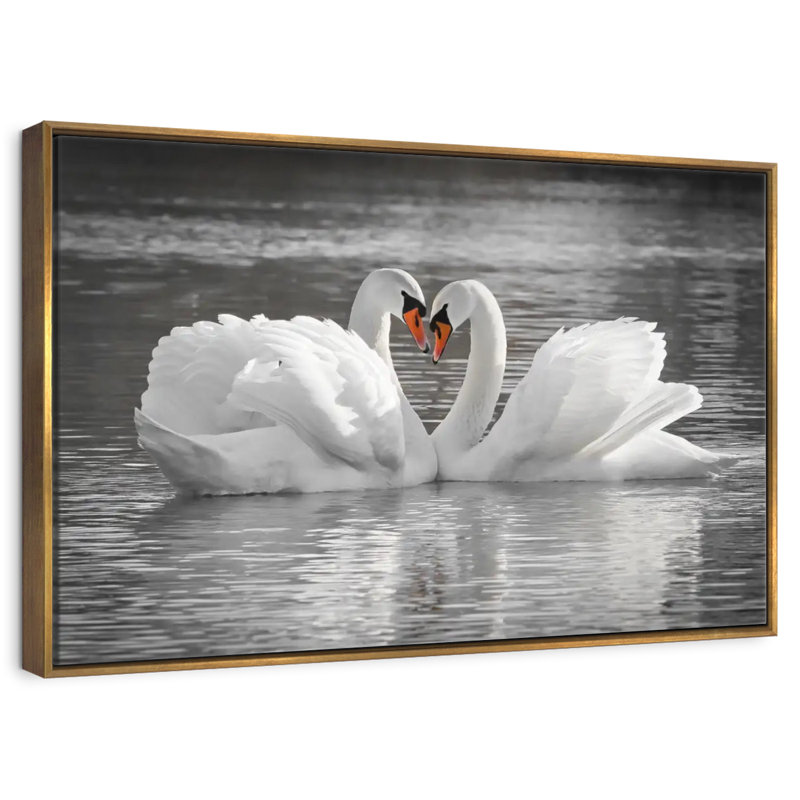 Couple de cygnes amoureux, Cadre flottant doré, 13 po x 9 po