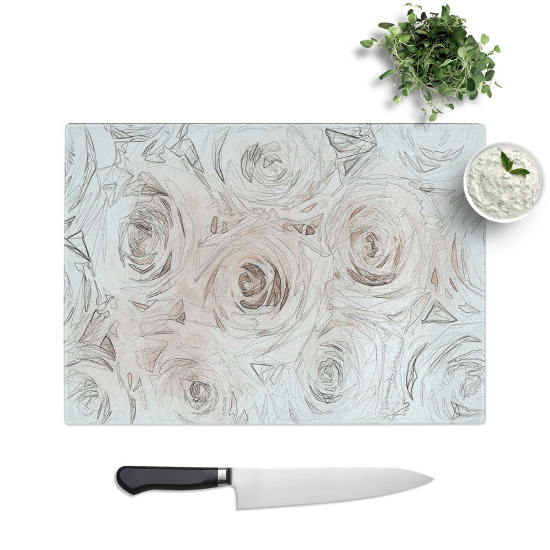 Tempered Glass Wall of Pink Roses in Abstract Chopping Board, 39 cm W x 28.5 cm L