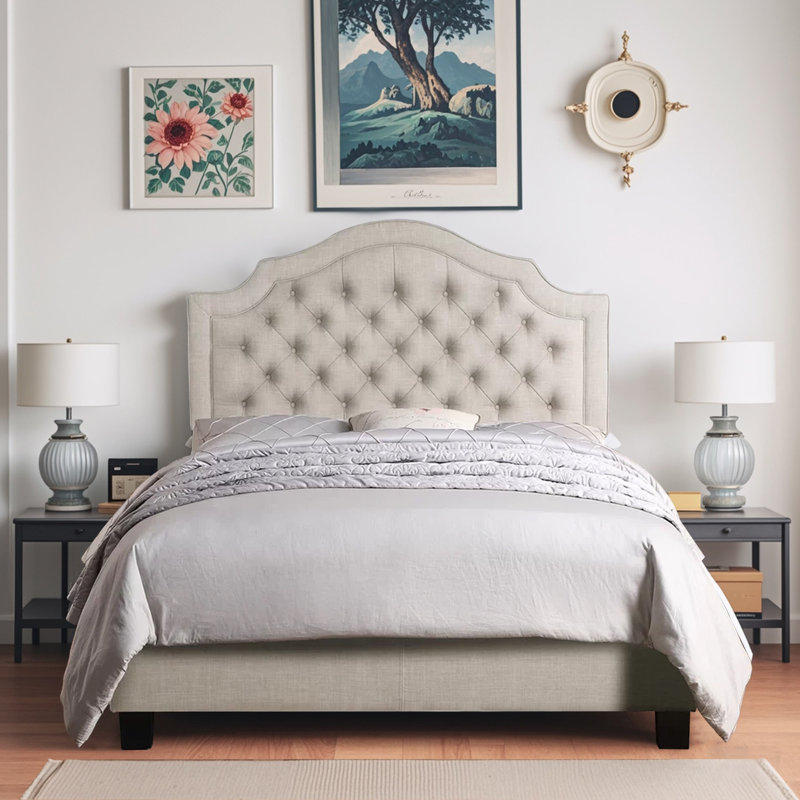 Lit rembourré en lin avec tête de lit réglable et capitonnage à boutons, Beige, Très grand lit