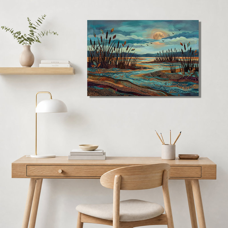 Tableau sur toile « Marais au clair de lune turquoise avec quenouilles et eau à motifs », H 20 po x l 30 po